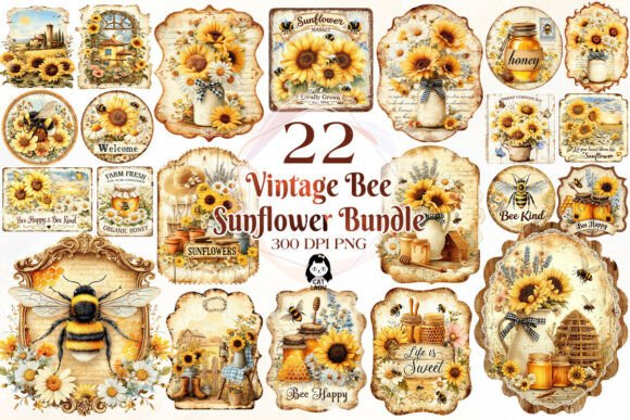 Download Vintage Bee Honey Sunflower Label Bundle - Label Collection