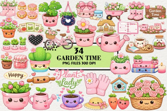 Download Kawaii Pink Garden Time Clipart Bundle - Time Collection